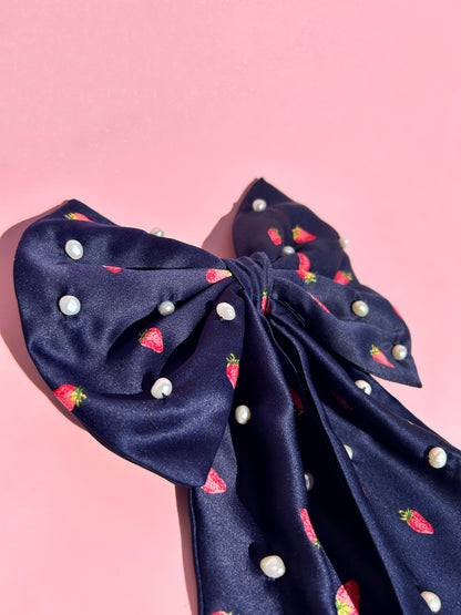 Strawberry Navy Bow with Pearls