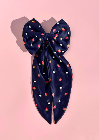 Strawberry Navy Bow with Pearls