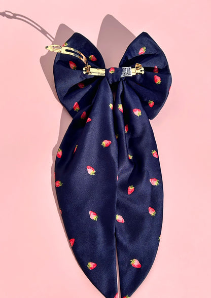 Strawberry Navy Bow with Pearls