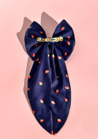 Strawberry Navy Bow with Pearls
