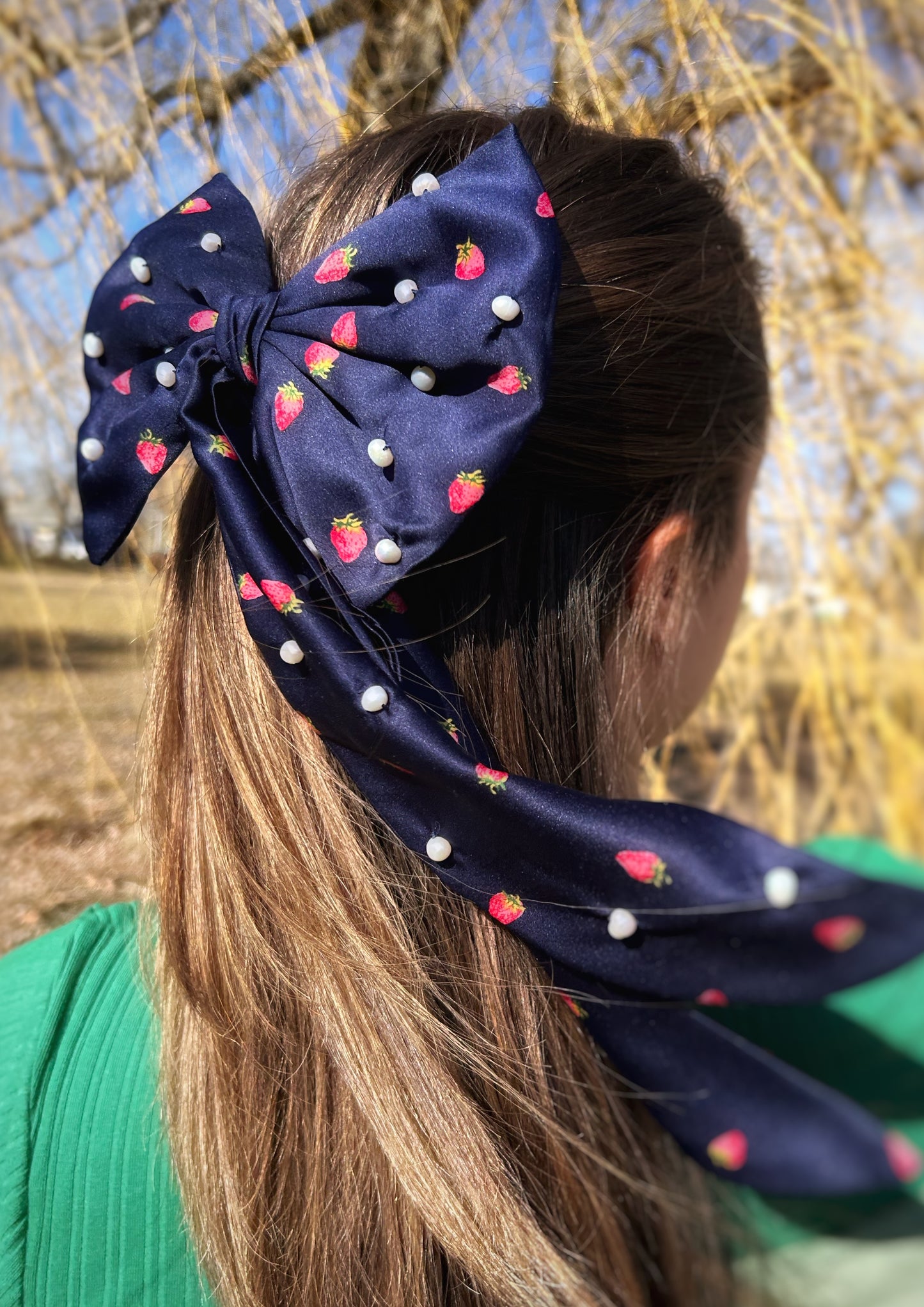 Strawberry Navy Bow with Pearls