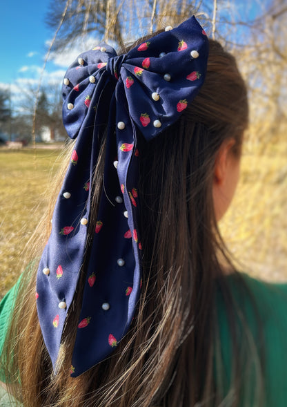 Strawberry Navy Bow with Pearls