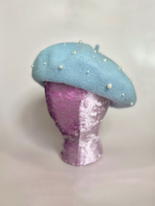 Steel Blue & Pearl Beret Hat