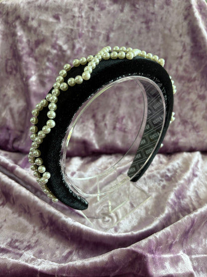 Black Velvet Pearls - Padded Headband