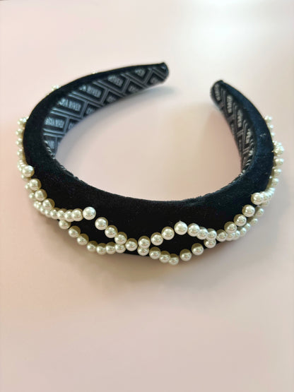 Black Velvet Pearls - Padded Headband
